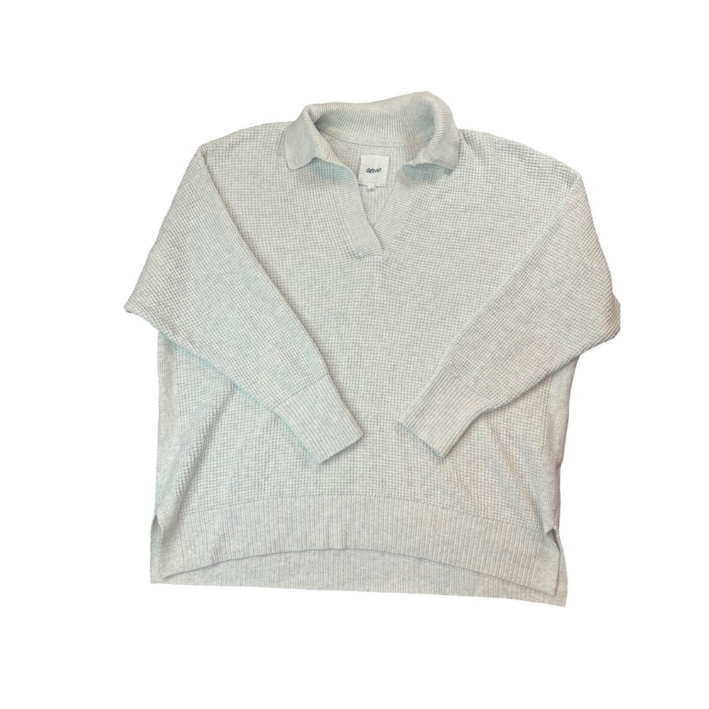 Aerie Waffle Knit Oversized Pullover Sweater Grey V-Neck Collar Large L/G